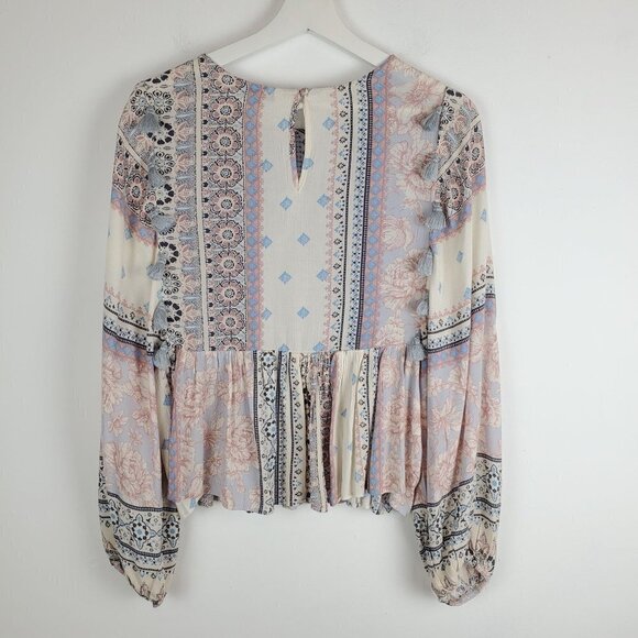 AMERICAN Eagle XS Boho Flowy Top 3/4 Dolman Sleeve Peasant Tassels Embroidered - Picture 2 of 7